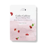 Packaging of 100% Pure Coffee Caffeine Recovery Hydrogel Mask with hydrogel technology illustration and coffee bean graphics.
