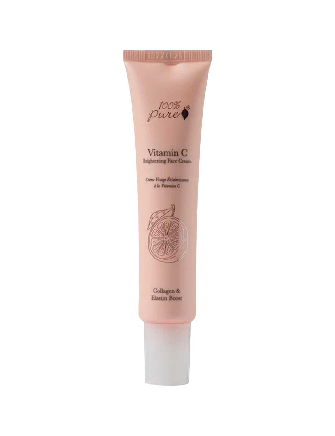 A peach-colored tube of 100% Pure Vitamin C Face Cream 40ml, with an orange slice illustration and text highlighting benefits for collagen, elastin, and vitamin C.