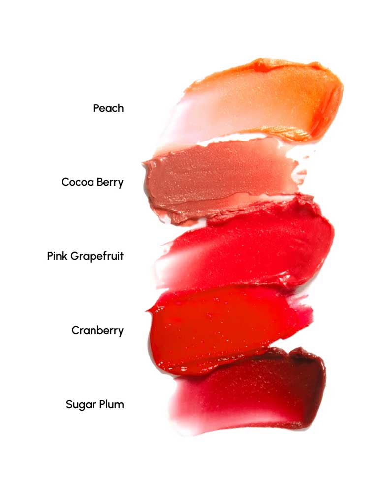 Color swatches of lipsticks labeled 'Peach', 'Cocoa Berry', 'Pink Grapefruit', 'Cranberry', and 'Sugar Plum' on a white background.