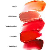 Color swatches of lipsticks labeled 'Peach', 'Cocoa Berry', 'Pink Grapefruit', 'Cranberry', and 'Sugar Plum' on a white background.