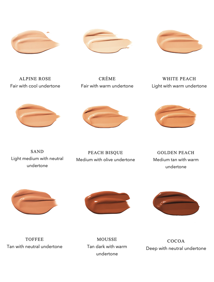 Nine swatches of 100% Pure Healthy Foundation, labeled Alpine Rose, Crème, White Peach, Sand, Peach Bisque, Golden Peach, Toffee, Mousse & Cocoa—each with undertone and skin tone details for a natural look.