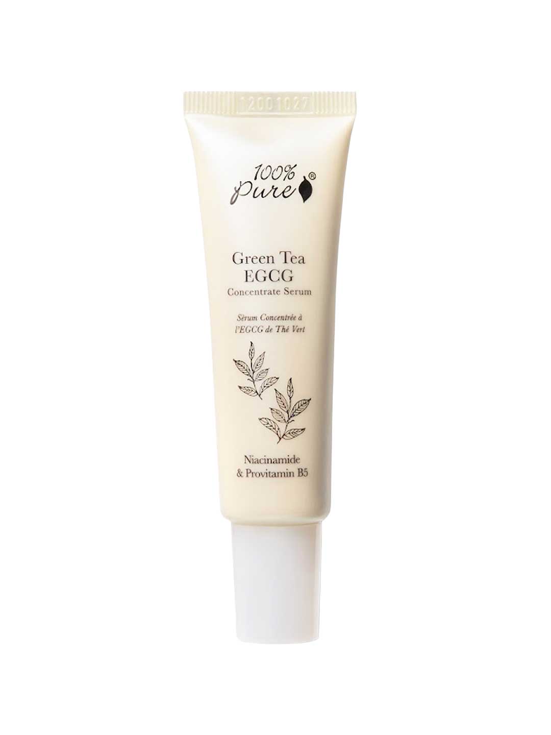 A beige tube labeled "100% Pure Green Tea EGCG Concentrate Serum 30ml" from 100% Pure, decorated with green tea leaf graphics, promotes its antioxidant-rich formula with Niacinamide and Provitamin B5.
