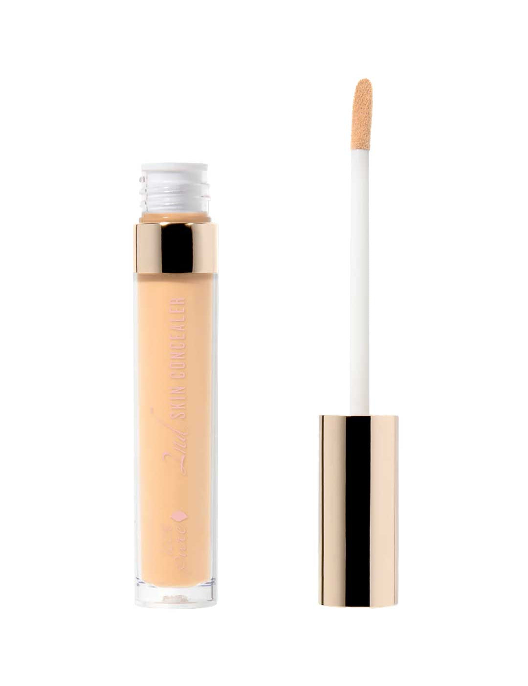 A 5ml tube of 100% Pure 2nd Skin Concealer with a gold cap stands upright next to its wand applicator, featuring a soft, angled tip coated in light beige for buildable coverage and a natural finish.