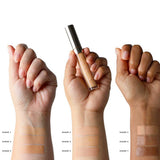 Three arms of varied skin tones display swatches of all seven 100% Pure 2nd Skin Concealer 5ml shades, labeled Shade 1 to Shade 7. The middle hand holds the vegan concealer, showing its natural finish for every complexion.