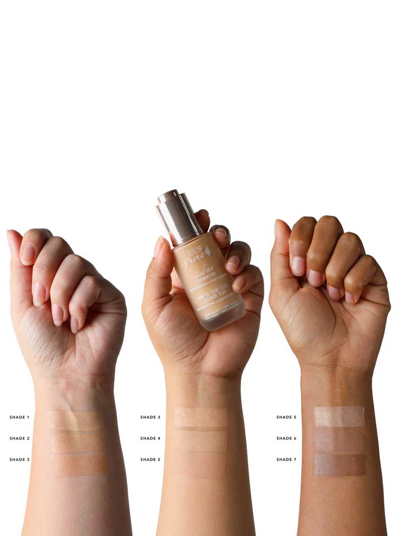 Three hands of different skin tones display four swatches each of 100% Pure 2nd Skin Foundation 35ml (shades 1–8), with the center hand holding a foundation bottle. Swatch labels help show natural complexion matches.