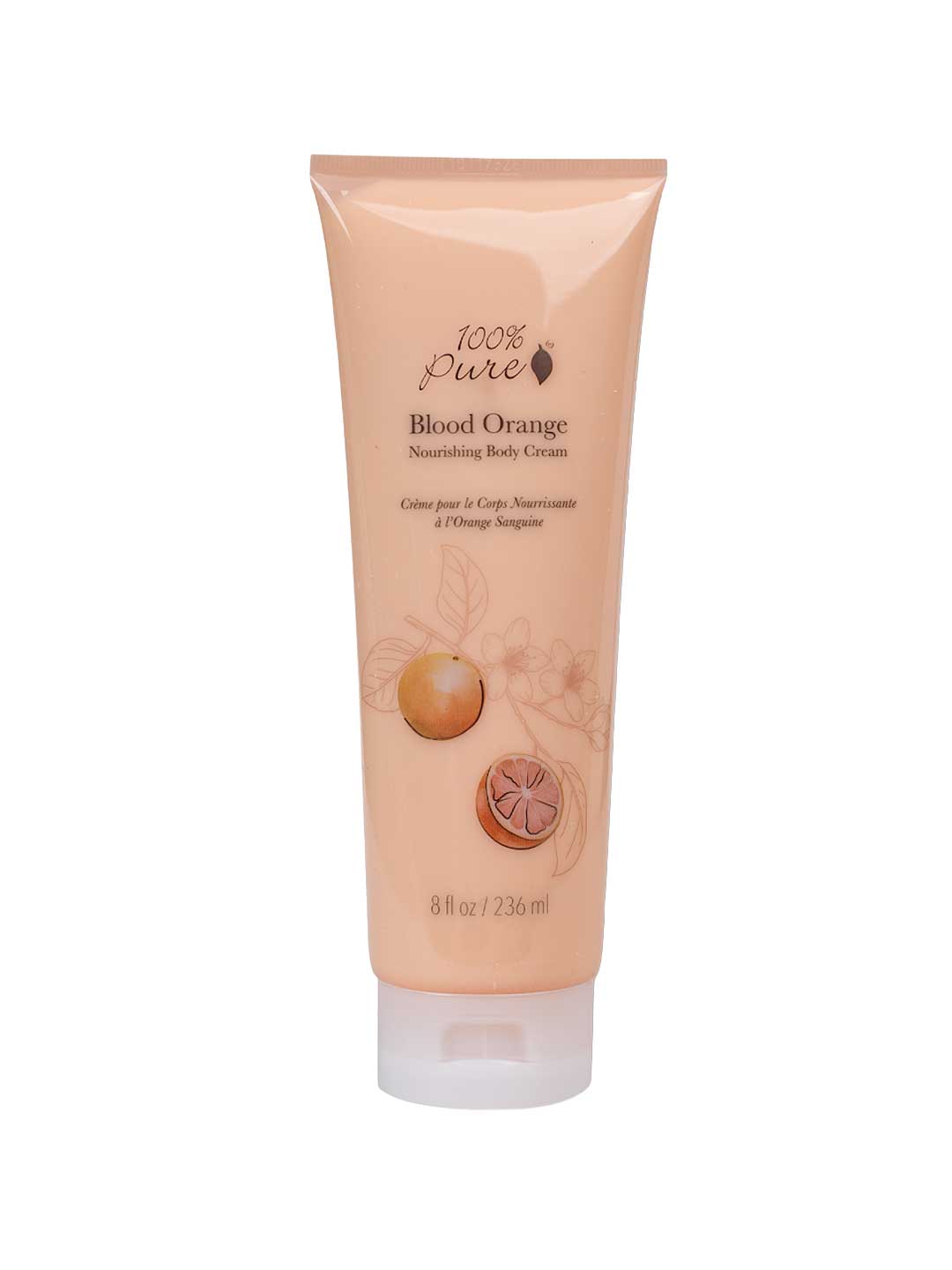 A 236ml tube of 100% Pure Blood Orange Nourishing Body Cream, featuring whole and halved blood orange illustrations on peach packaging—a rich formula for soft, hydrated skin.