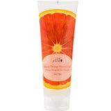 A 236ml tube of 100% Pure Blood Orange Shower Gel with bright orange and red citrus graphics on the packaging. The label highlights its sulphate-free, vegan formula and natural ingredients.