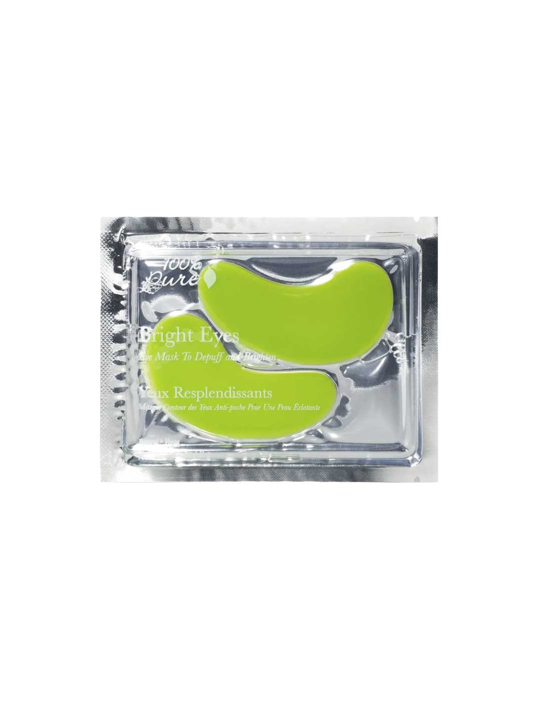 A silver foil packet contains two green 100% Pure Bright Eyes Masks, designed to de-puff under eyes and brighten dark circles for a refreshed look.