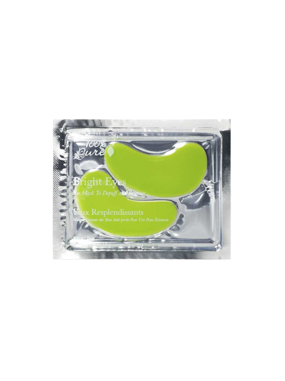 A silver foil packet contains two green 100% Pure Bright Eyes Masks, designed to de-puff under eyes and brighten dark circles for a refreshed look.