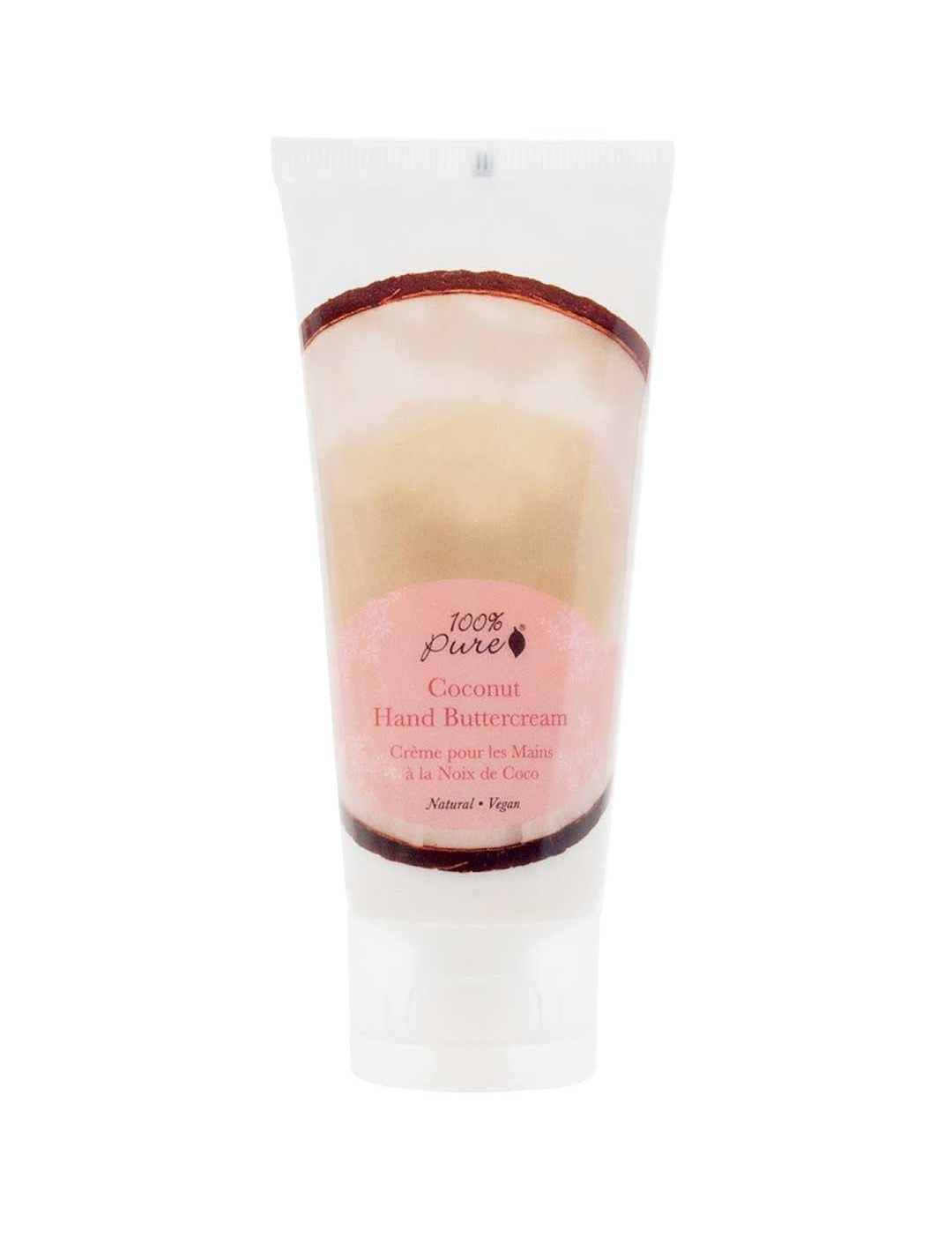 A white squeeze tube of 100% Pure Coconut Buttercream Hand Cream 57g with a pink label features English and French text, plus a coconut shell band near the top, emphasizing deep moisture for your hands.