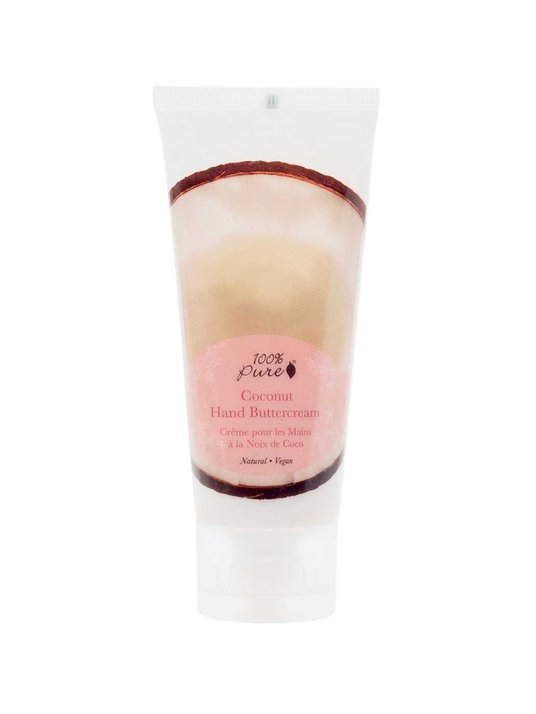 A white squeeze tube of 100% Pure Coconut Buttercream Hand Cream 57g with a pink label features English and French text, plus a coconut shell band near the top, emphasizing deep moisture for your hands.