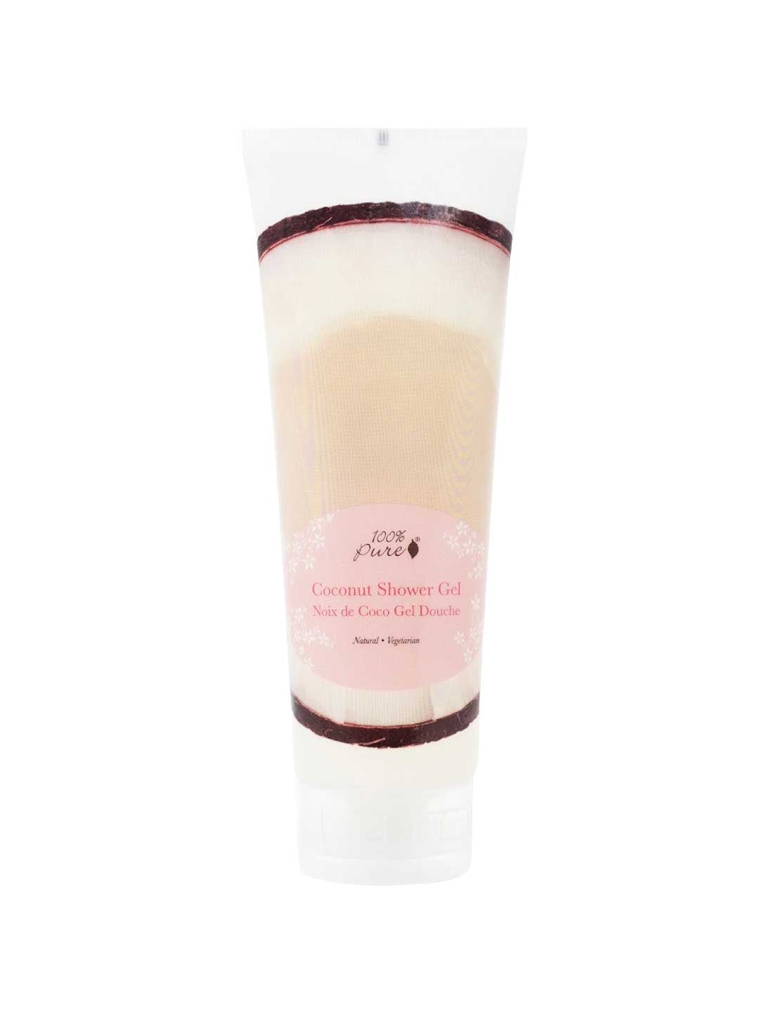 A 236ml tube of 100% Pure Coconut Shower Gel with a pink label and white cap, showing beige and white layers. This nourishing body wash suits sensitive skin, with English and French text on the label.