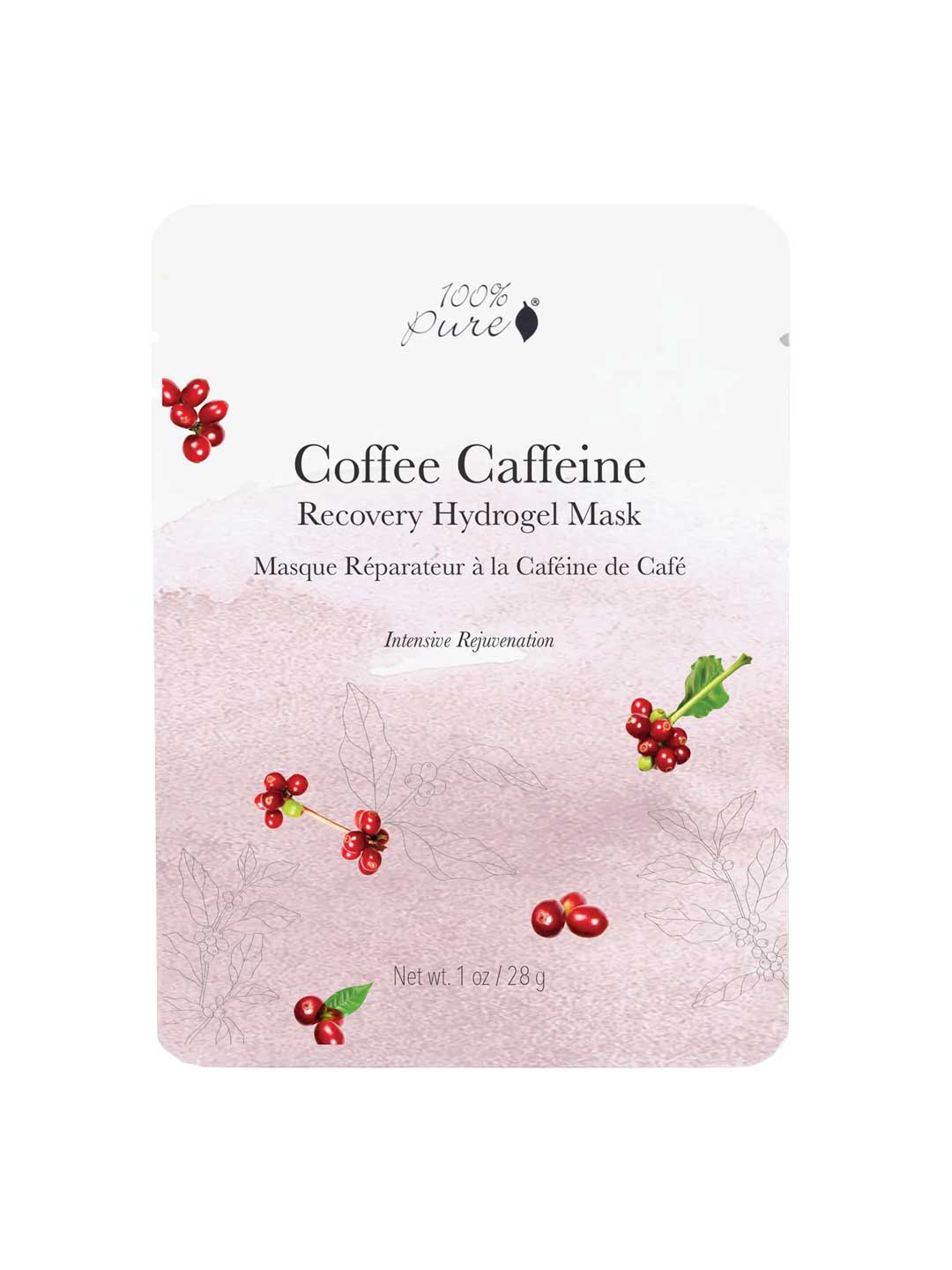 A 28g packet of 100% Pure Coffee Caffeine Recovery Hydrogel Sheet Mask with coffee berries and leaves illustrations on a light pink background. English and French text highlight intensive rejuvenation with added Hyaluronic Acid.