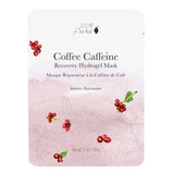 A 28g packet of 100% Pure Coffee Caffeine Recovery Hydrogel Sheet Mask with coffee berries and leaves illustrations on a light pink background. English and French text highlight intensive rejuvenation with added Hyaluronic Acid.