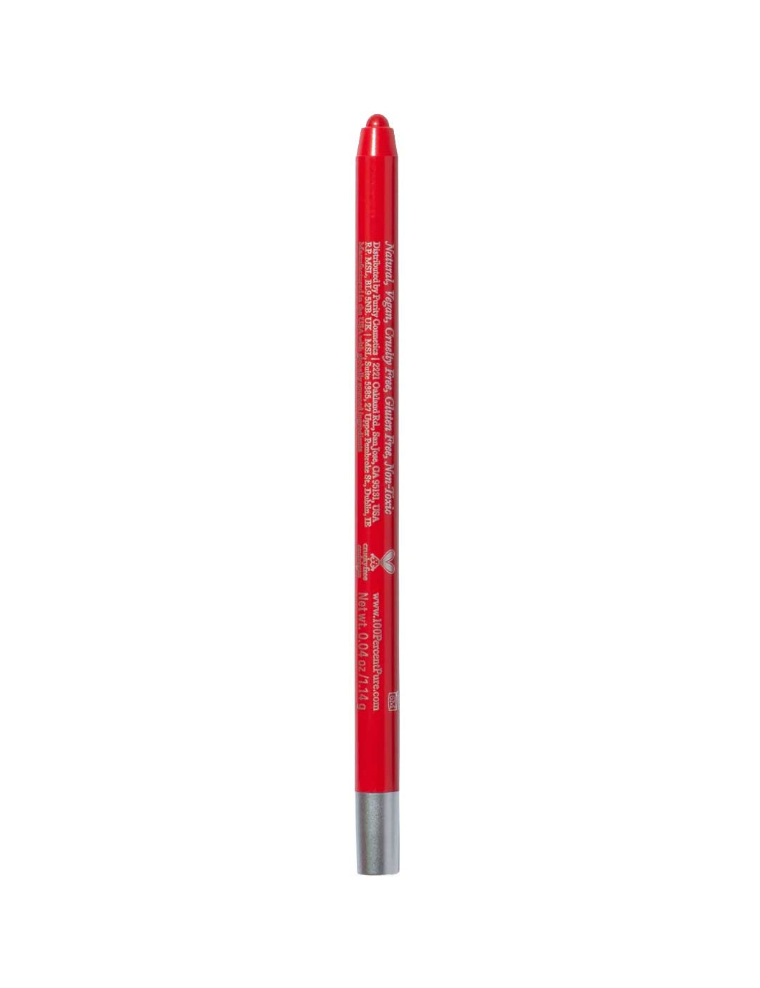 The 100% Pure Creamy Long Last Lip Liner (1.14g) by 100% Pure, featuring a red shade and silver tip, stands upright against a plain white background with white vertical text along its body.