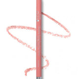 The 100% Pure Creamy Long Last Lip Liner 1.14g by 100% Pure, in pink with a metallic silver cap, rests on a white background with a matching pink squiggly line beside it.