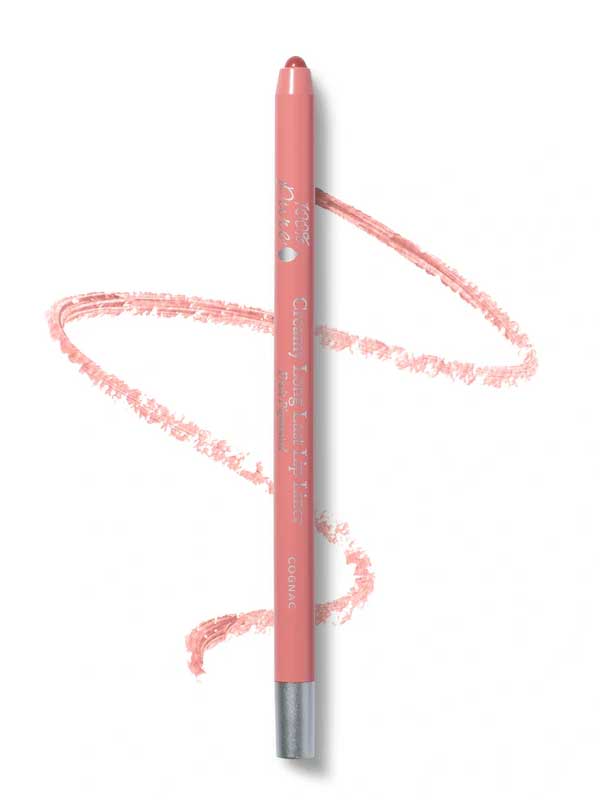 The 100% Pure Creamy Long Last Lip Liner 1.14g by 100% Pure, in pink with a metallic silver cap, rests on a white background with a matching pink squiggly line beside it.