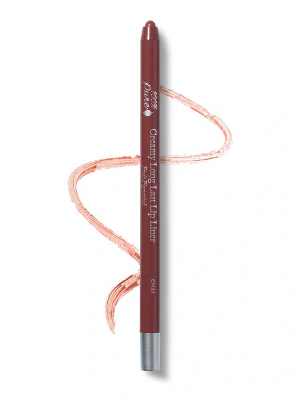 A mauve pink 100% Pure Creamy Long Last Lip Liner 1.14g matte pencil is shown with a drawn squiggle of its color on a white background.