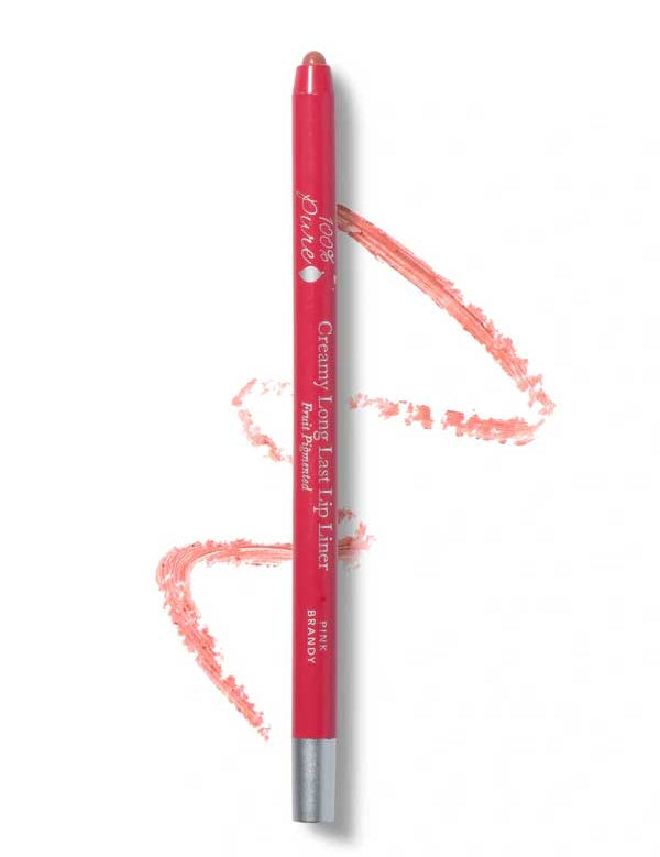 The 100% Pure Creamy Long Last Lip Liner 1.14g, shown in pink with a matte swatch, features "Love Dive" in white and pink text on the pencil. Brand: 100% Pure.