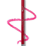 A silver-capped 100% Pure Creamy Long Last Lip Liner 1.14g draws a wavy, bright pink line on a white background.
