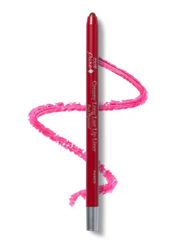 A silver-capped 100% Pure Creamy Long Last Lip Liner 1.14g draws a wavy, bright pink line on a white background.