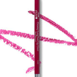 A pink 100% Pure Creamy Long Last Lip Liner 1.14g pencil rests on a white surface, surrounded by vivid pink lip liner swatches.