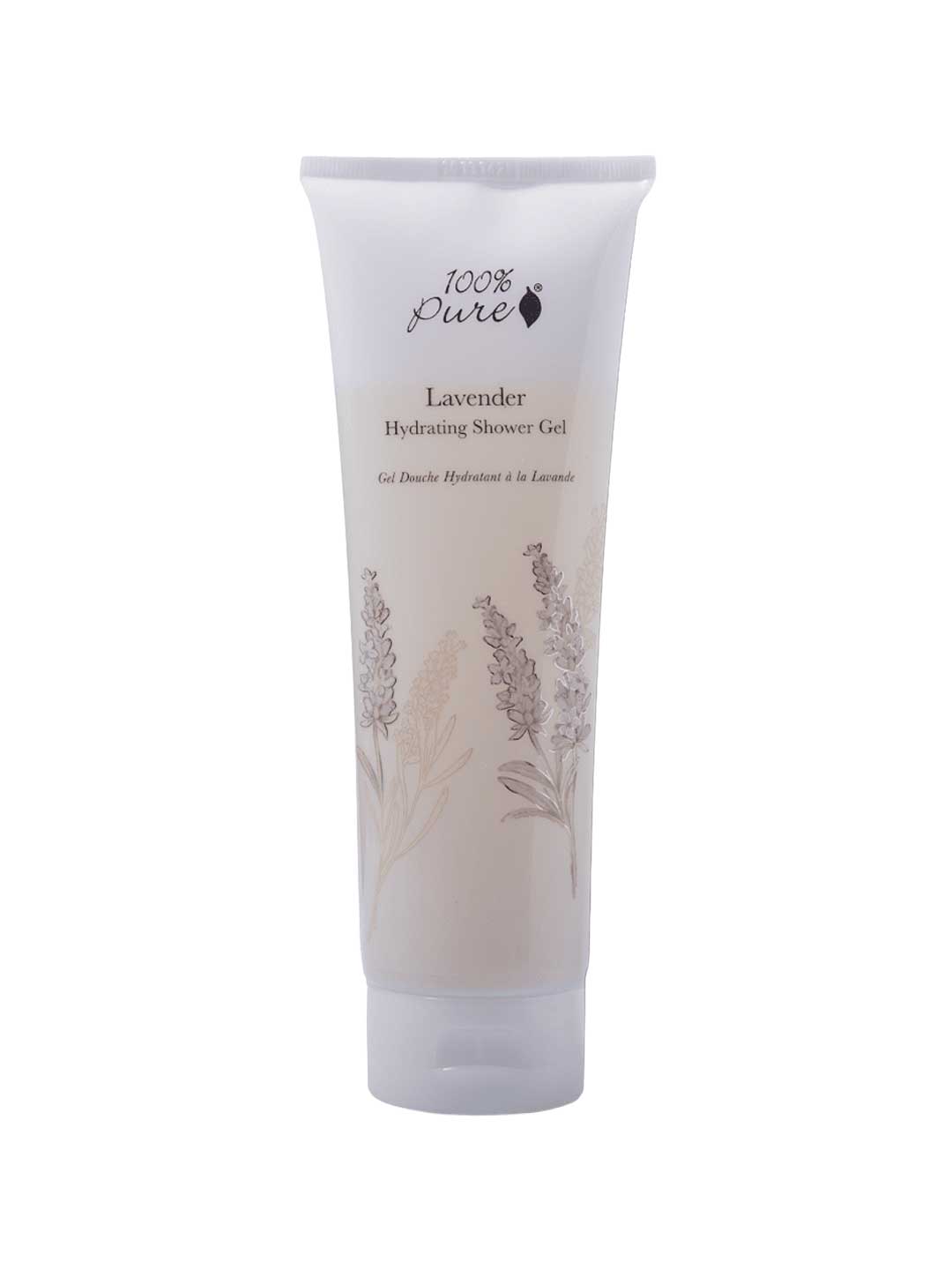 A 236ml tube of 100% Pure French Lavender Shower Gel for sensitive skin, featuring lavender illustrations on the lower packaging and front text highlighting its vegan formula.