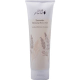 A 236ml tube of 100% Pure French Lavender Shower Gel for sensitive skin, featuring lavender illustrations on the lower packaging and front text highlighting its vegan formula.