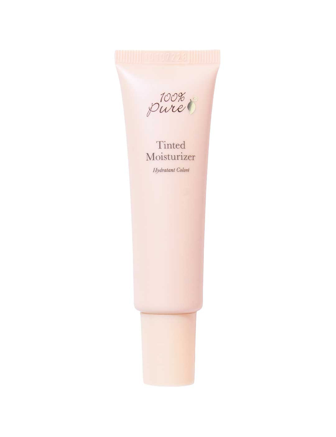 A light pink tube of 100% Pure Fruit Pigmented® Tinted Moisturiser 30ml by 100% Pure with a white cap stands upright against a white background, offering vegan, natural coverage.