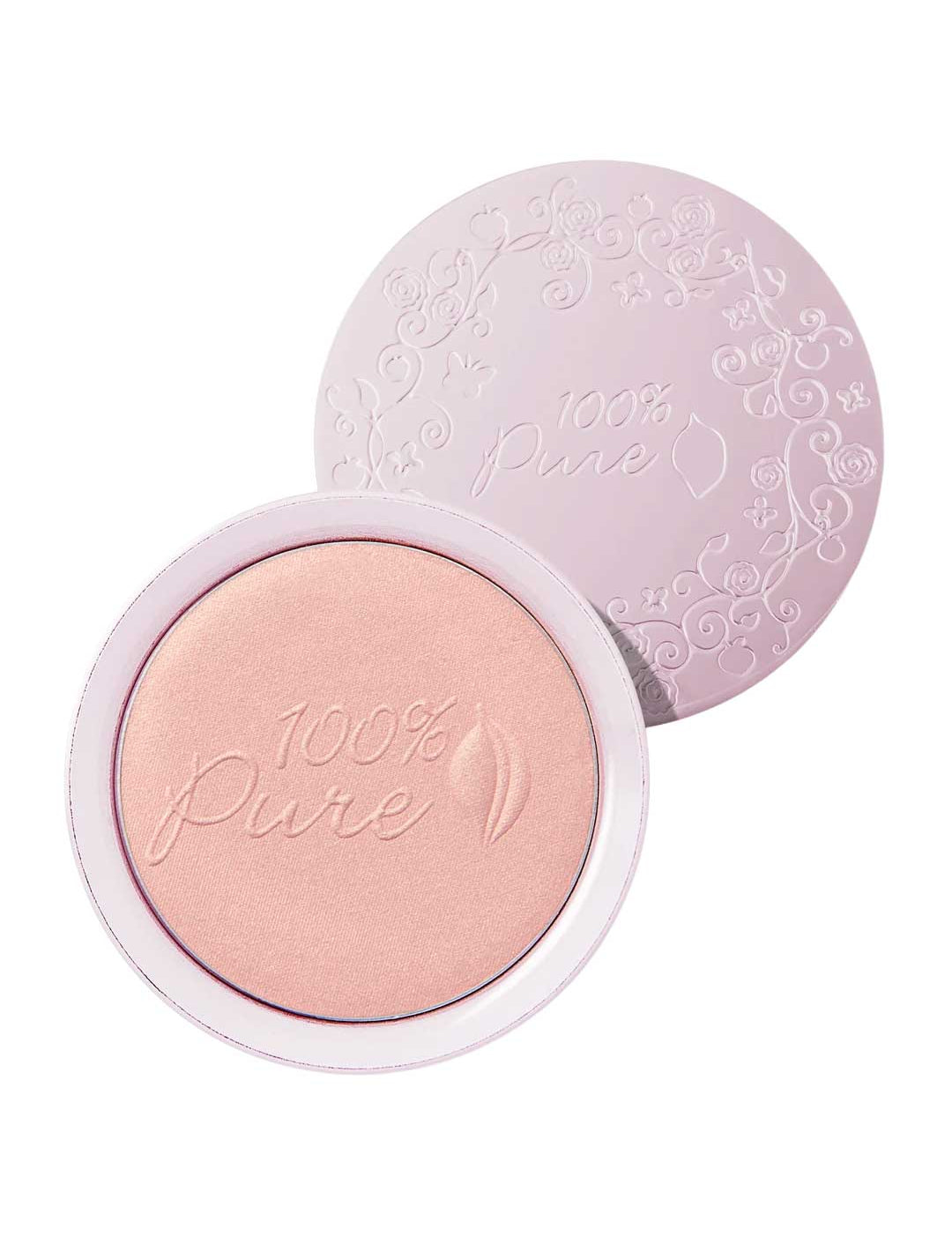 100% Pure Gemmed Luminiser 9g is a round, open compact with light pink powder embossed with the brand and a leaf design. Its floral-patterned lid sits beside it—ideal for adding a radiant, natural glow to your look.