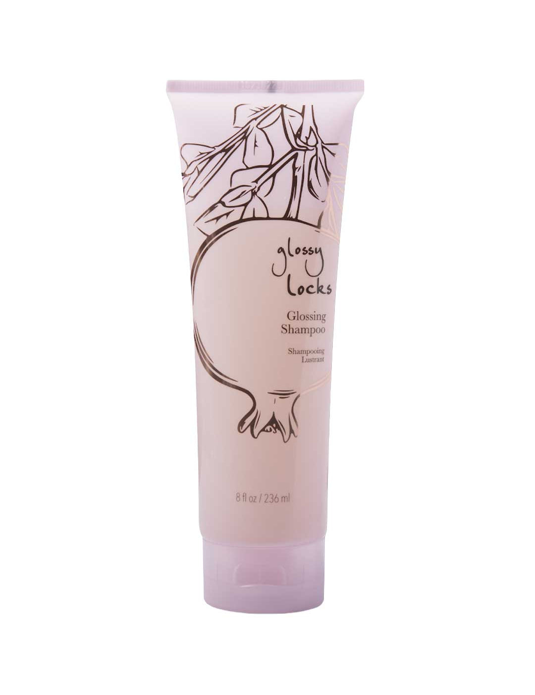 A light pink 8 fl oz (236 ml) tube of 100% Pure Glossy Locks Glossing Shampoo by 100% Pure, with a flip-top cap and simple line art of pomegranate branches and fruit.
