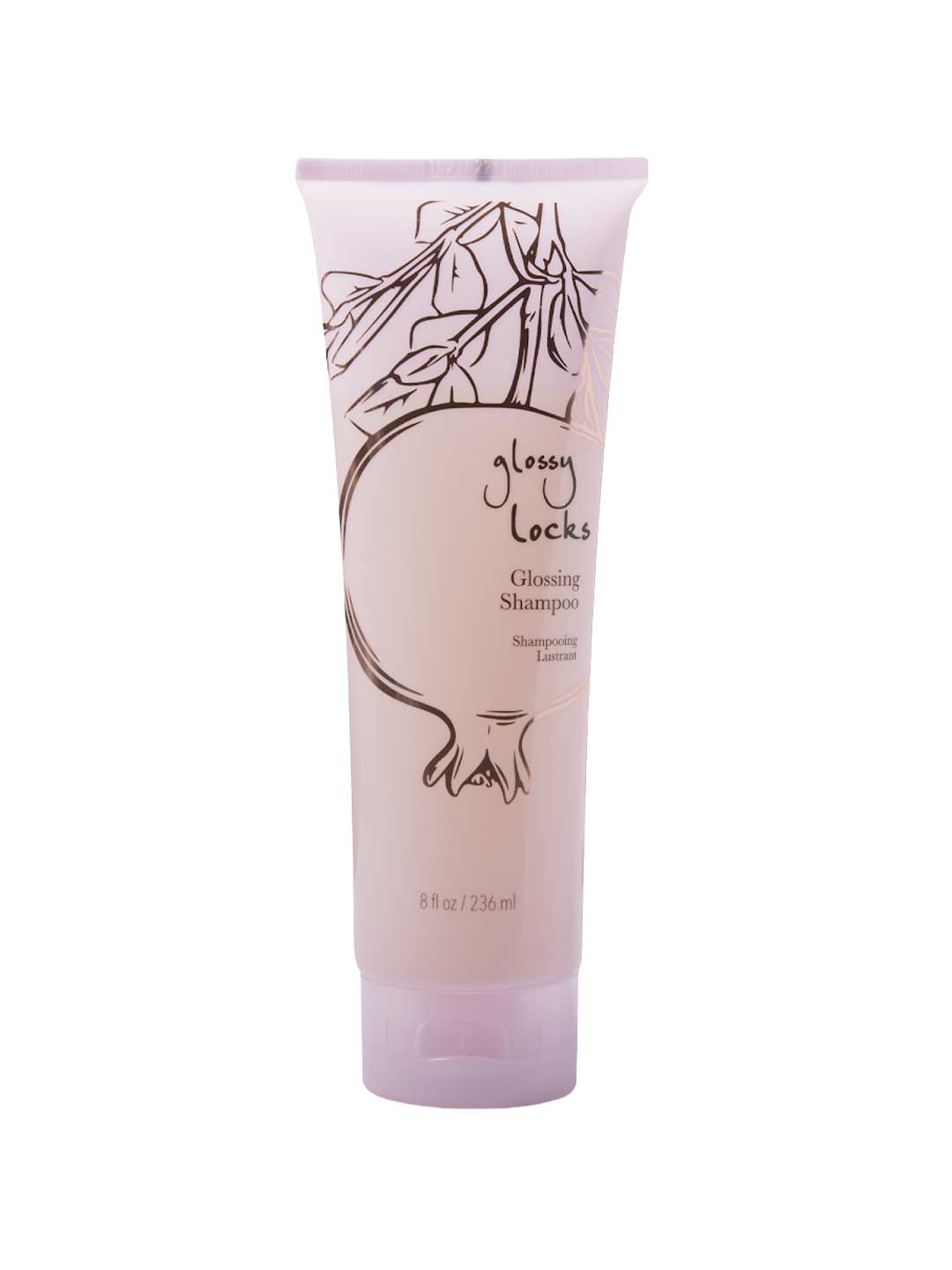 A light pink 8 fl oz (236 ml) tube of 100% Pure Glossy Locks Glossing Shampoo by 100% Pure, with a flip-top cap and simple line art of pomegranate branches and fruit.
