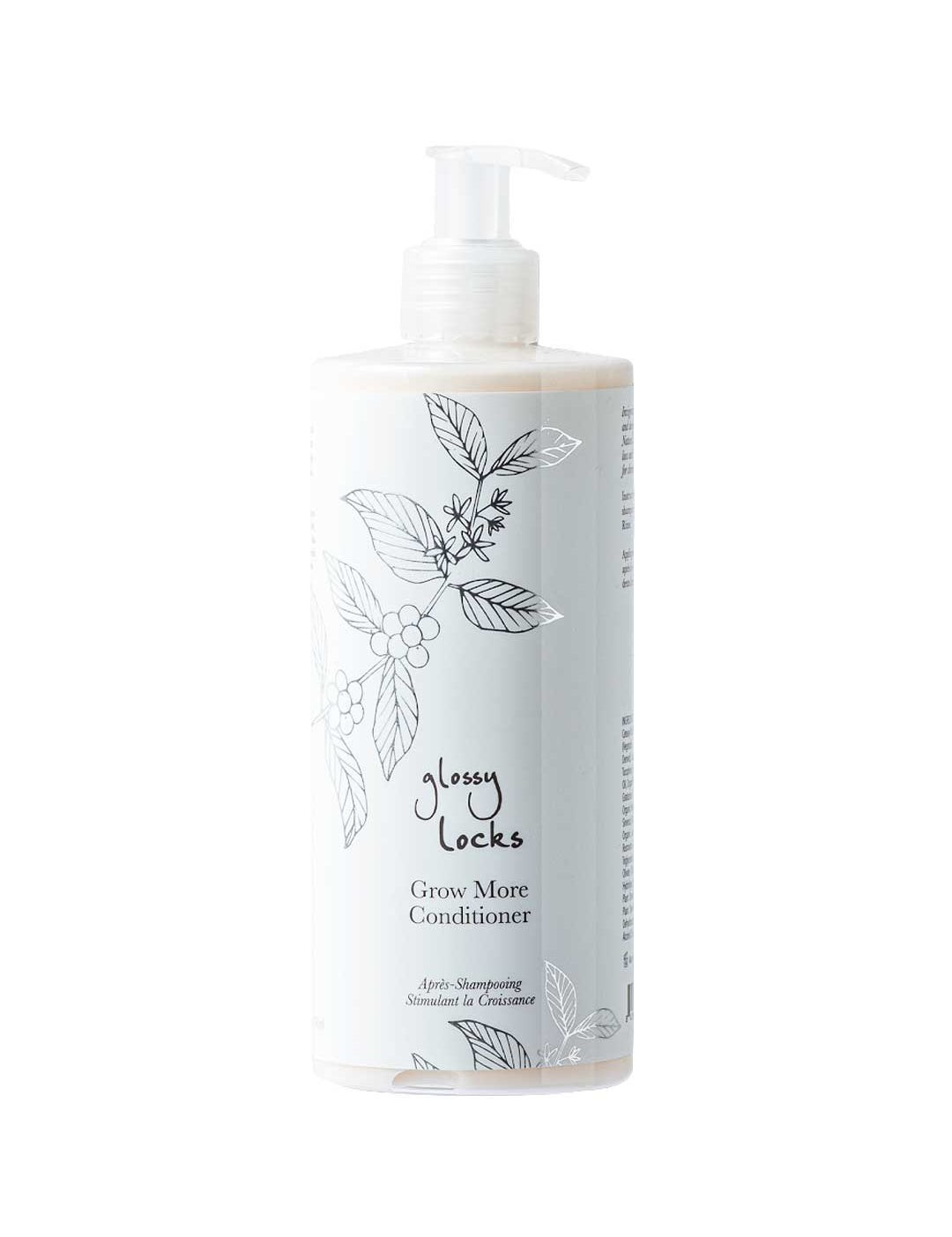 A white bottle of 100% Pure Glossy Locks Grow More Conditioner with a pump, featuring black botanical illustrations and simple, elegant text on the label.