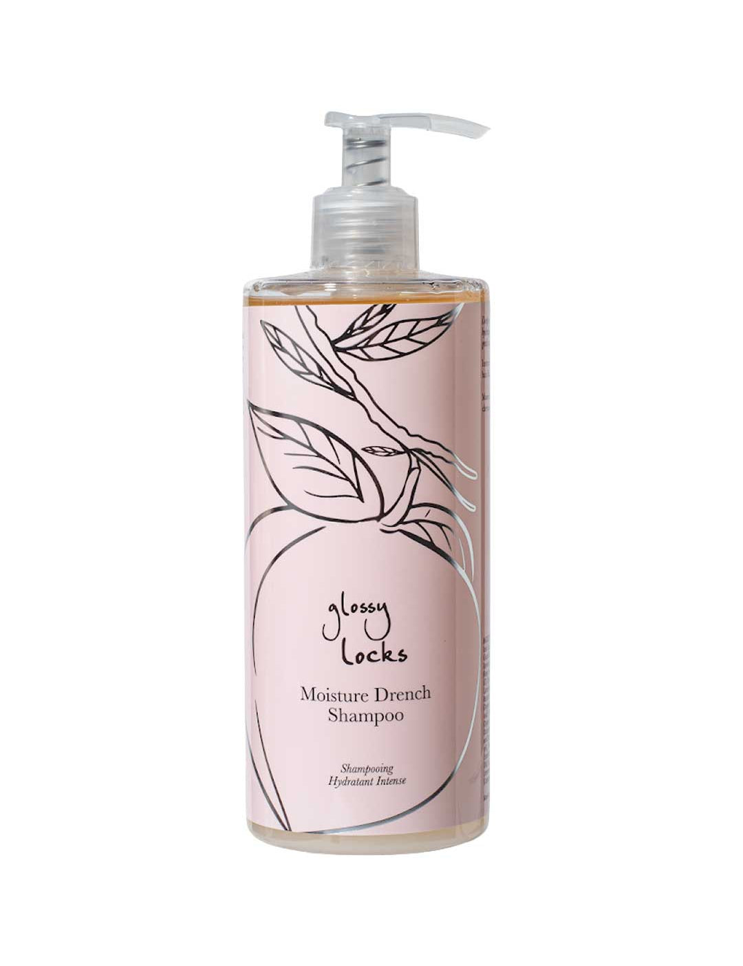 A bottle of 100% Pure Glossy Locks Moisture Drench Shampoo for dry hair, with a pink label featuring a line drawing of a peach and leaves, and a pump dispenser.