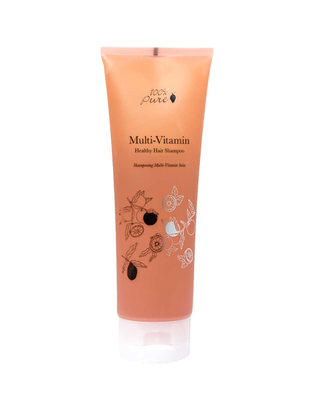 A tube of 100% Pure Glossy Locks Multi-Vitamin Healthy Hair Shampoo with black text and botanical illustrations on an orange-pink background, featuring a white flip-top cap—perfect as a nourishing biotin shampoo for healthy hair.