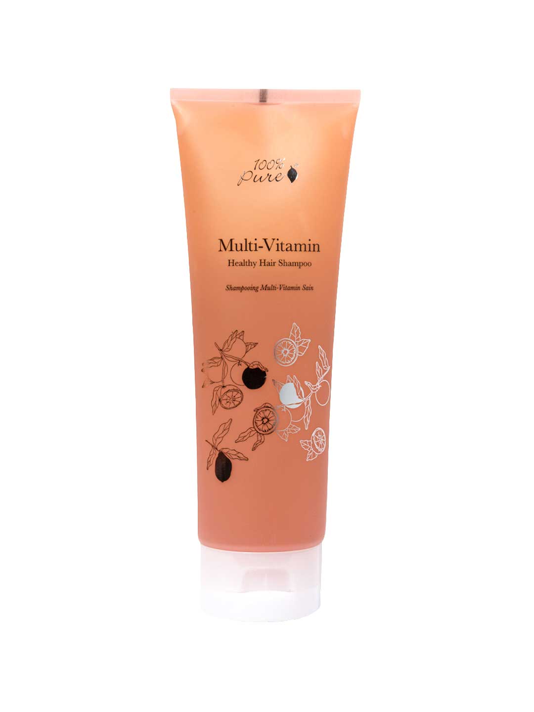 A tube of 100% Pure Glossy Locks Multi-Vitamin Healthy Hair Shampoo with black text and botanical illustrations on an orange-pink background, featuring a white flip-top cap—perfect as a nourishing biotin shampoo for healthy hair.