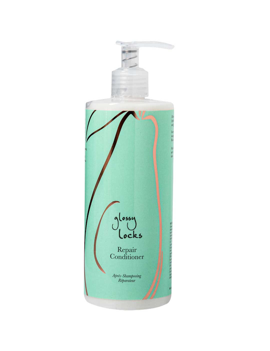 A bottle of 100% Pure Glossy Locks Repair Conditioner with a pump, mint green label featuring abstract black and peach lines, and black text.