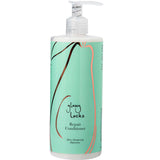 A bottle of 100% Pure Glossy Locks Repair Conditioner with a pump, mint green label featuring abstract black and peach lines, and black text.