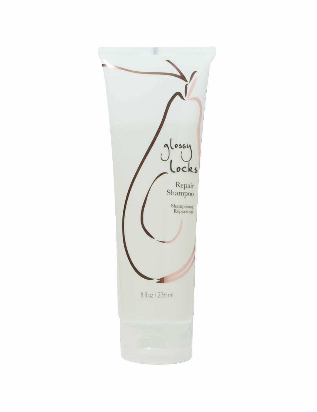 A translucent 8 fl oz (236 ml) tube of 100% Pure Glossy Locks Repair Shampoo by 100% Pure features brown accents, an abstract hair design, and text on the front.