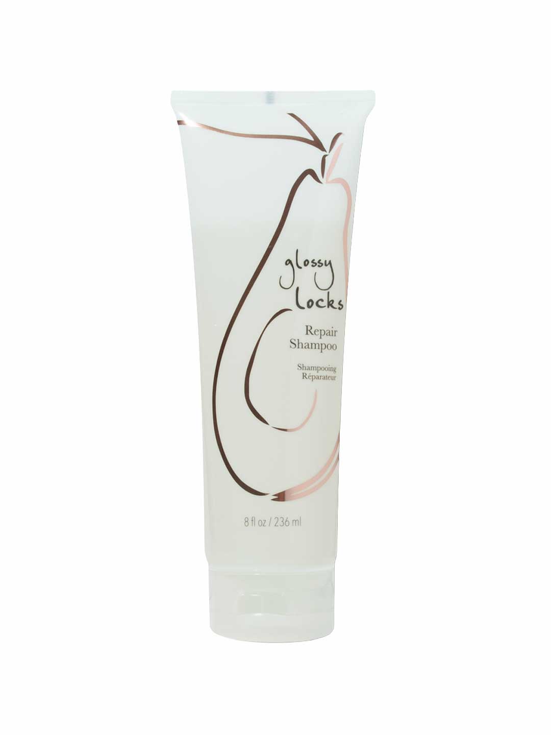 A translucent 8 fl oz (236 ml) tube of 100% Pure Glossy Locks Repair Shampoo by 100% Pure features brown accents, an abstract hair design, and text on the front.
