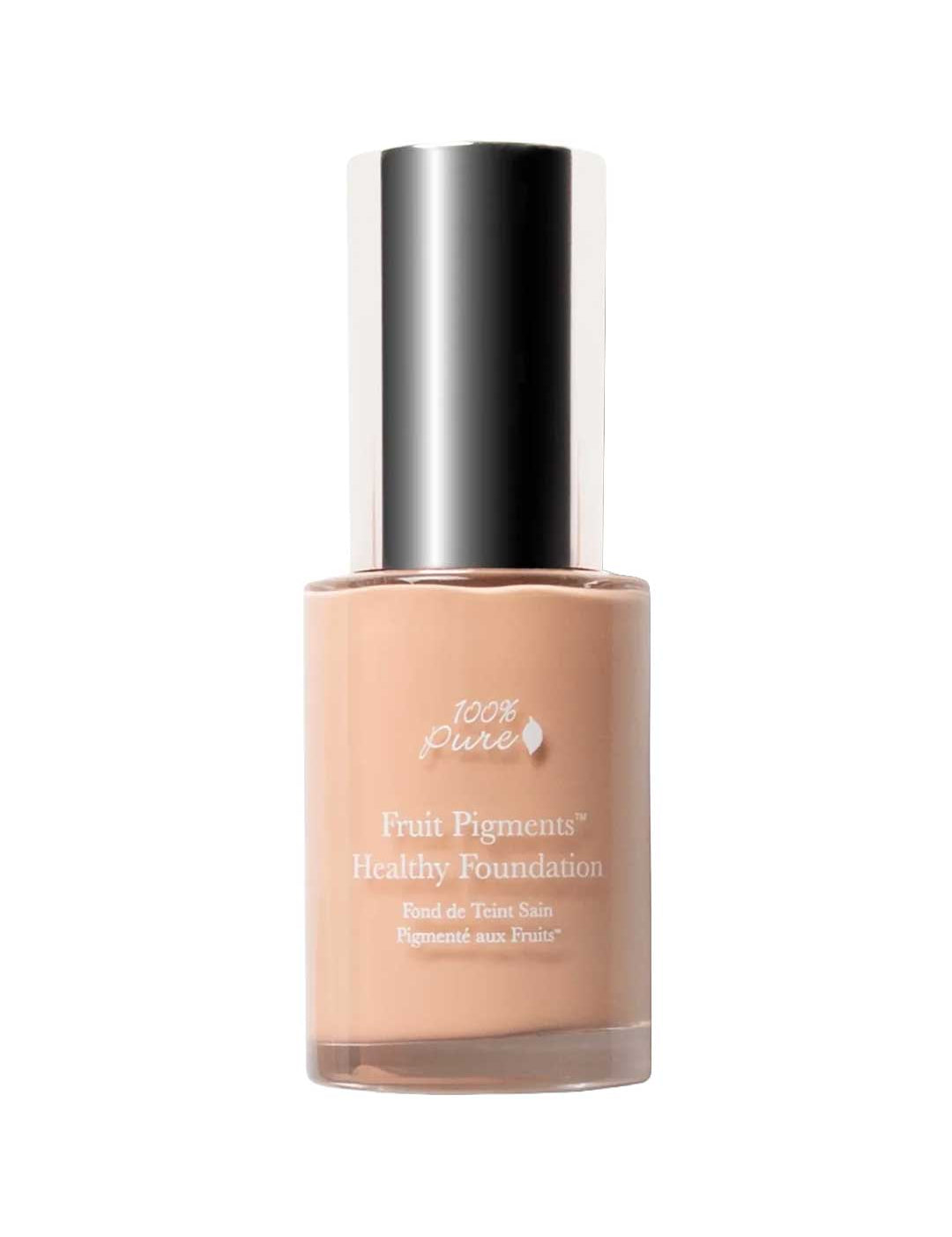 A glass bottle of 100% Pure Healthy Foundation 30ml with a silver cap features white labeling on the front. This vegan, full coverage light beige formula delivers a flawless finish using natural fruit pigments.