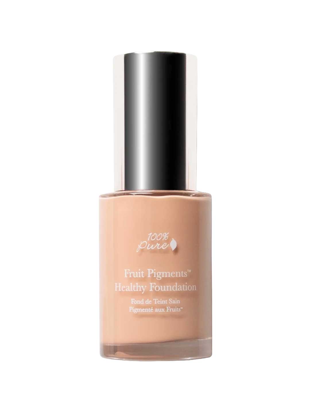 A glass bottle of 100% Pure Healthy Foundation 30ml with a silver cap features white labeling on the front. This vegan, full coverage light beige formula delivers a flawless finish using natural fruit pigments.