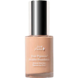 A glass bottle of 100% Pure Healthy Foundation 30ml with a silver cap features white labeling on the front. This vegan, full coverage light beige formula delivers a flawless finish using natural fruit pigments.