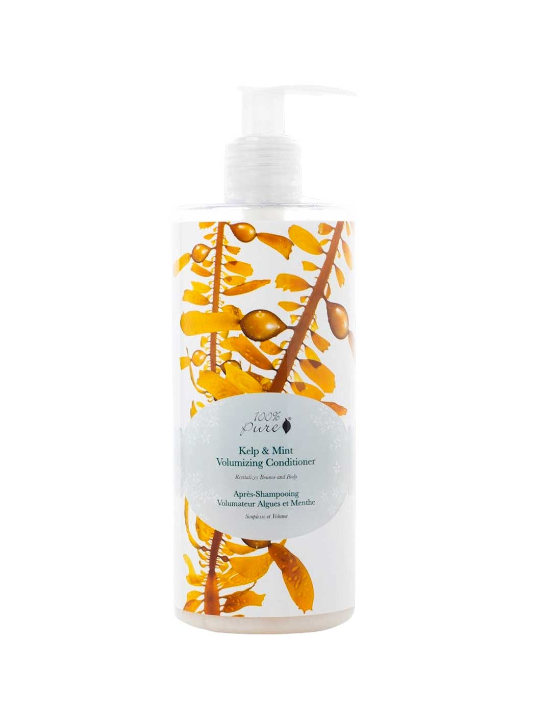 A clear pump bottle of 100% Pure Kelp & Mint Volumising Conditioner for fine hair, with golden-brown kelp art on a crisp white label. Brand: 100% Pure.