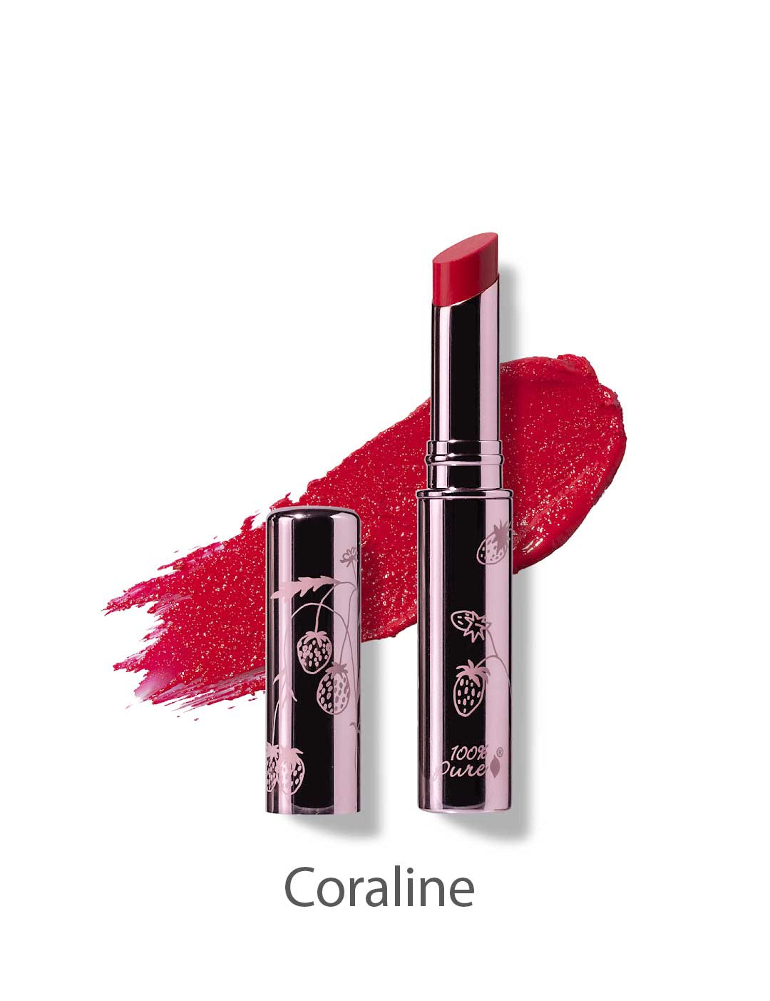 A shiny silver tube and cap with etched fruit designs holds the 100% Pure Lip Glaze 2.5g by 100% Pure, shown in a bright coral-pink shade with a lipstick bullet and matching swatch behind it. Text below reads Coraline.