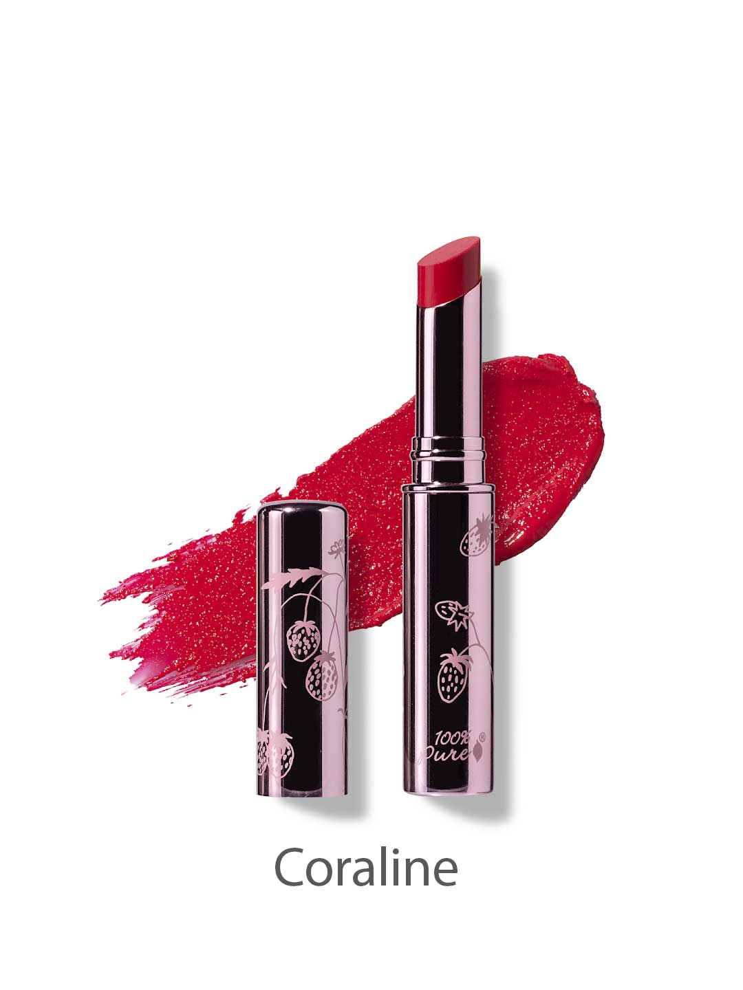 A shiny silver tube and cap with etched fruit designs holds the 100% Pure Lip Glaze 2.5g by 100% Pure, shown in a bright coral-pink shade with a lipstick bullet and matching swatch behind it. Text below reads Coraline.