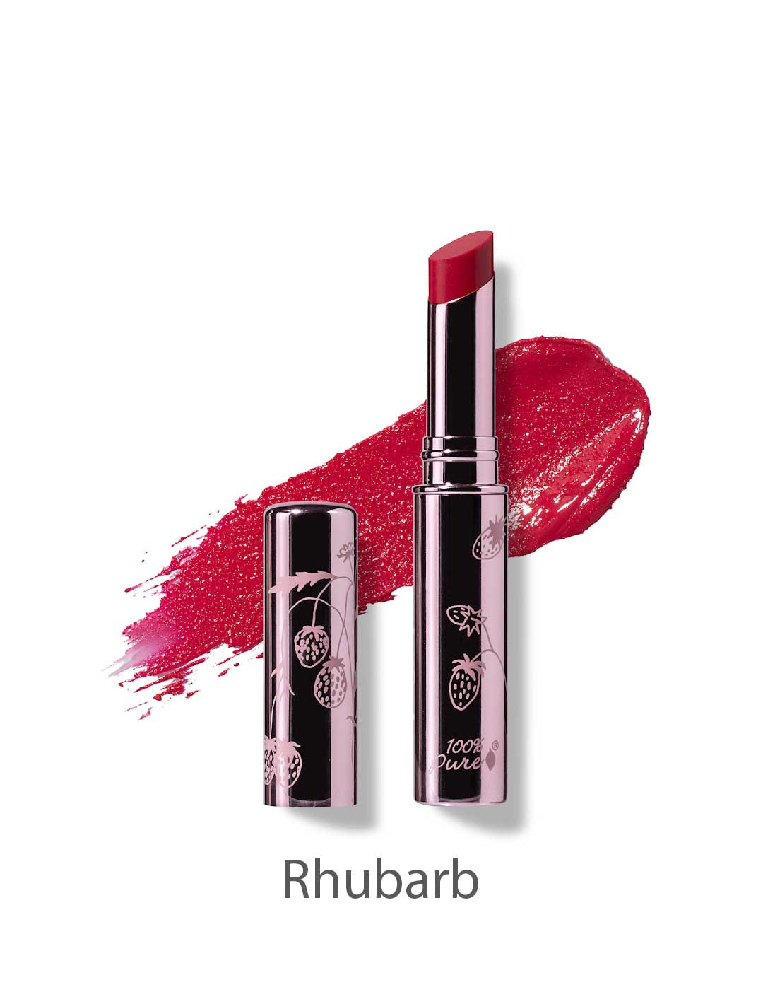 A tube of 100% Pure Lip Glaze 2.5g by 100% Pure labeled Rhubarb stands with its cap off, revealing the lipstick and a vibrant smear behind it. The metallic tube features decorative berry designs.