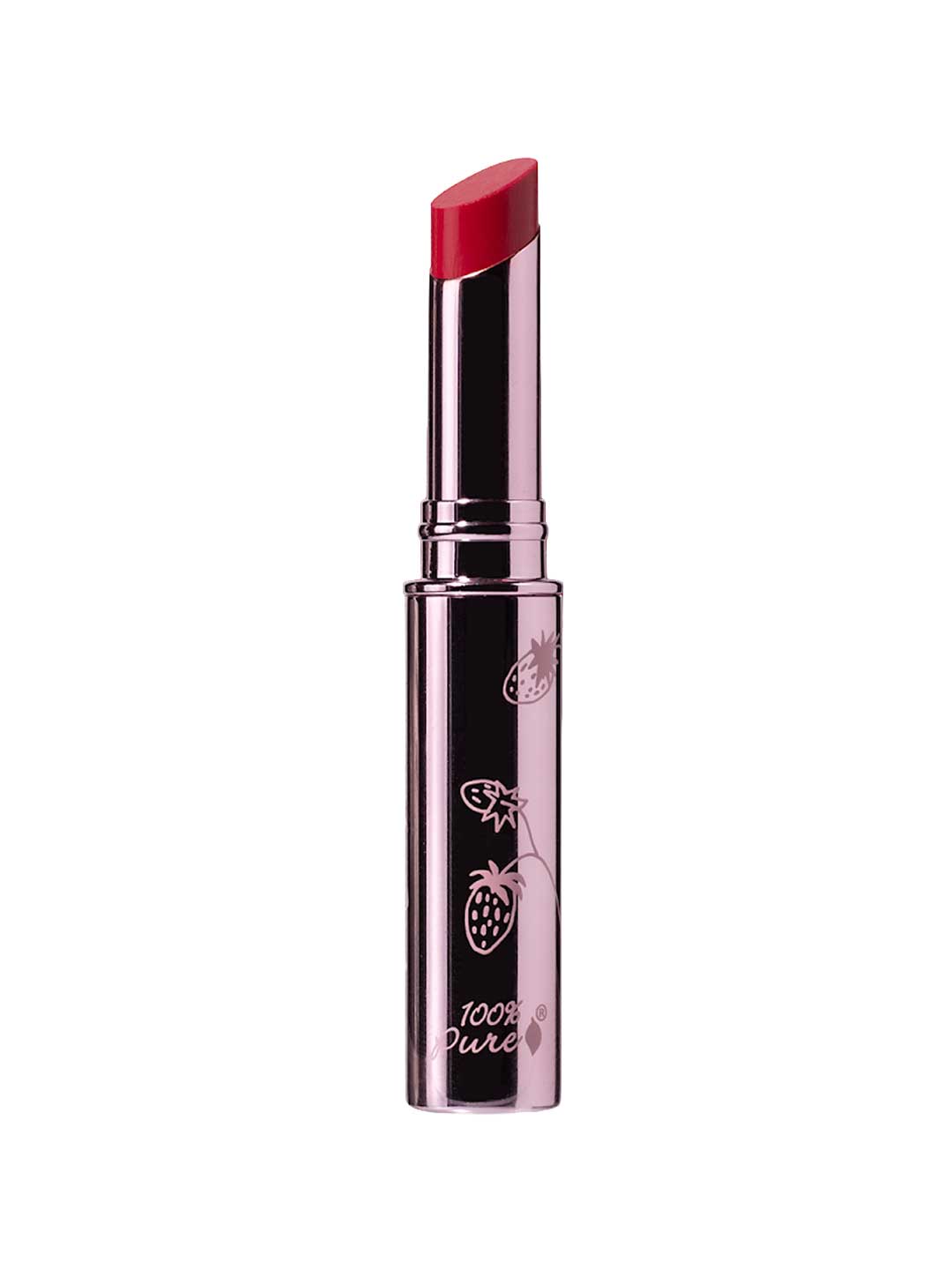 A 2.5g tube of 100% Pure Lip Glaze by 100% Pure, in a shiny metallic case with white fruit illustrations and "100% Pure" text near the base, displayed against a white background.