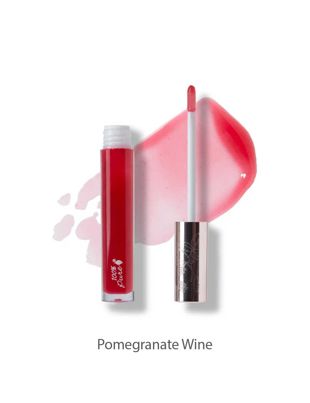 A 4.17ml tube of 100% Pure Lip Gloss in the shade Pomegranate Wine, shown with the applicator wand beside it and a swatch of rich red vegan color.