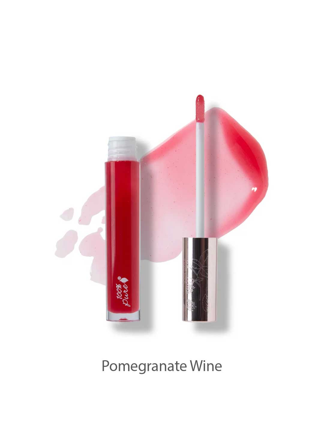 A 4.17ml tube of 100% Pure Lip Gloss in the shade Pomegranate Wine, shown with the applicator wand beside it and a swatch of rich red vegan color.